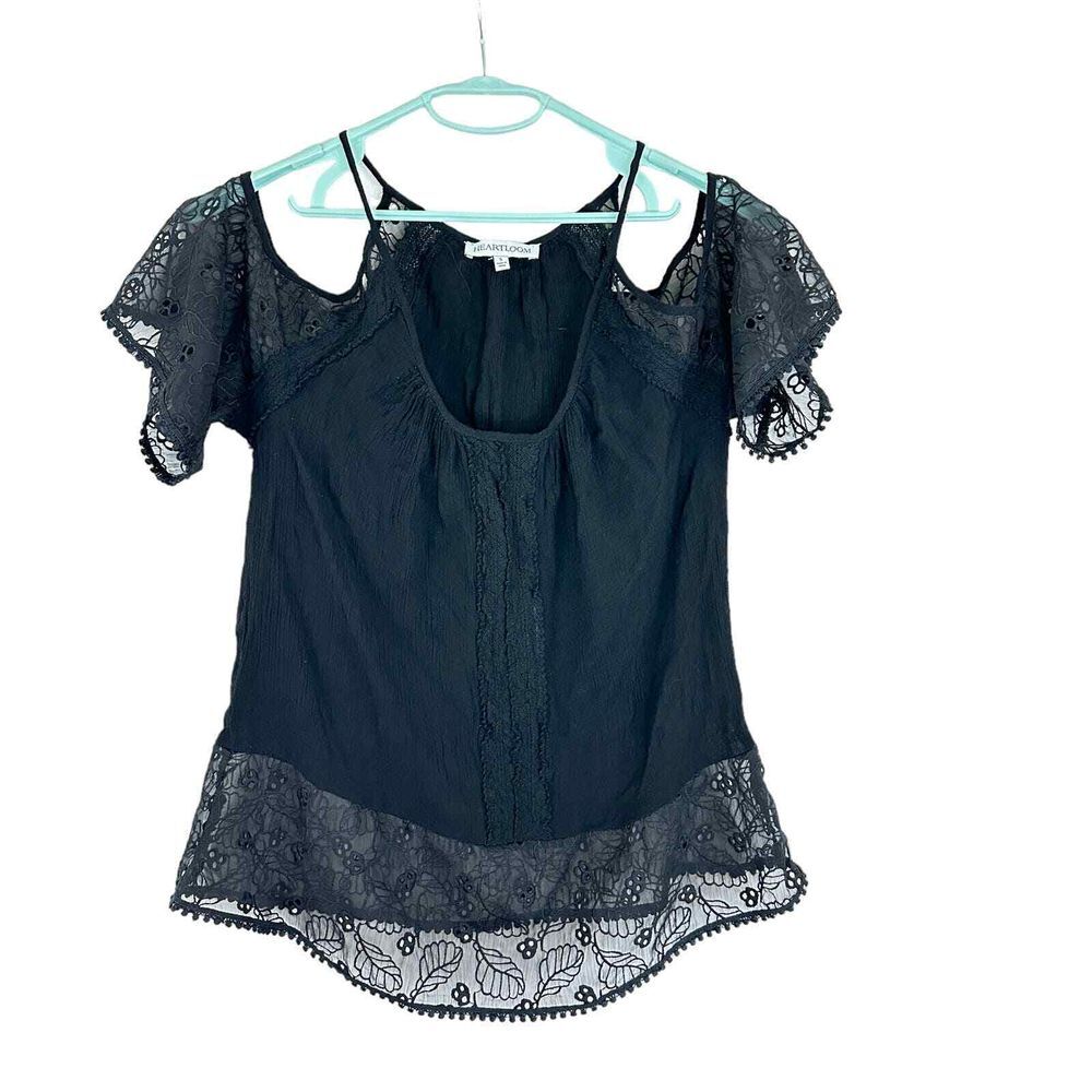 Heartloom Womens SZ S Black Lace Eyelet Accent Cold Shoulder Pom Pom Trim Top